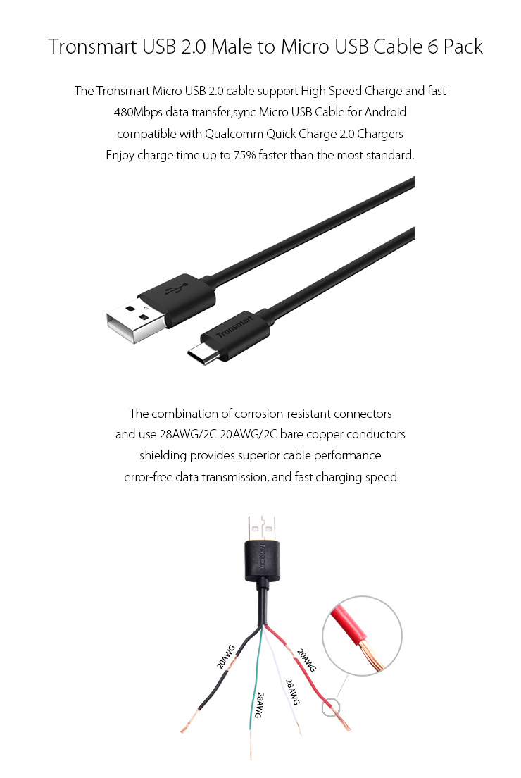tronsmart ts-mup4 micro usb fast charging and sync cables 2x0.3m + 2x1m + 2x1.8m (6-pack)