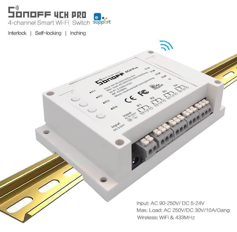sonoff 4ch pro multichannel 433mhz rf and wifi smart switch with inching interlock and self-locking