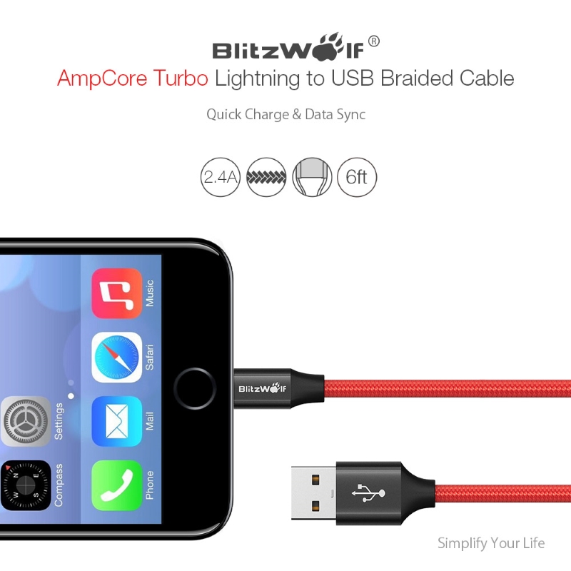 blitzwolf bw-mf10 ampcore turbo mfi certified lightning 2.4a 1.8m braided sync and charge cable