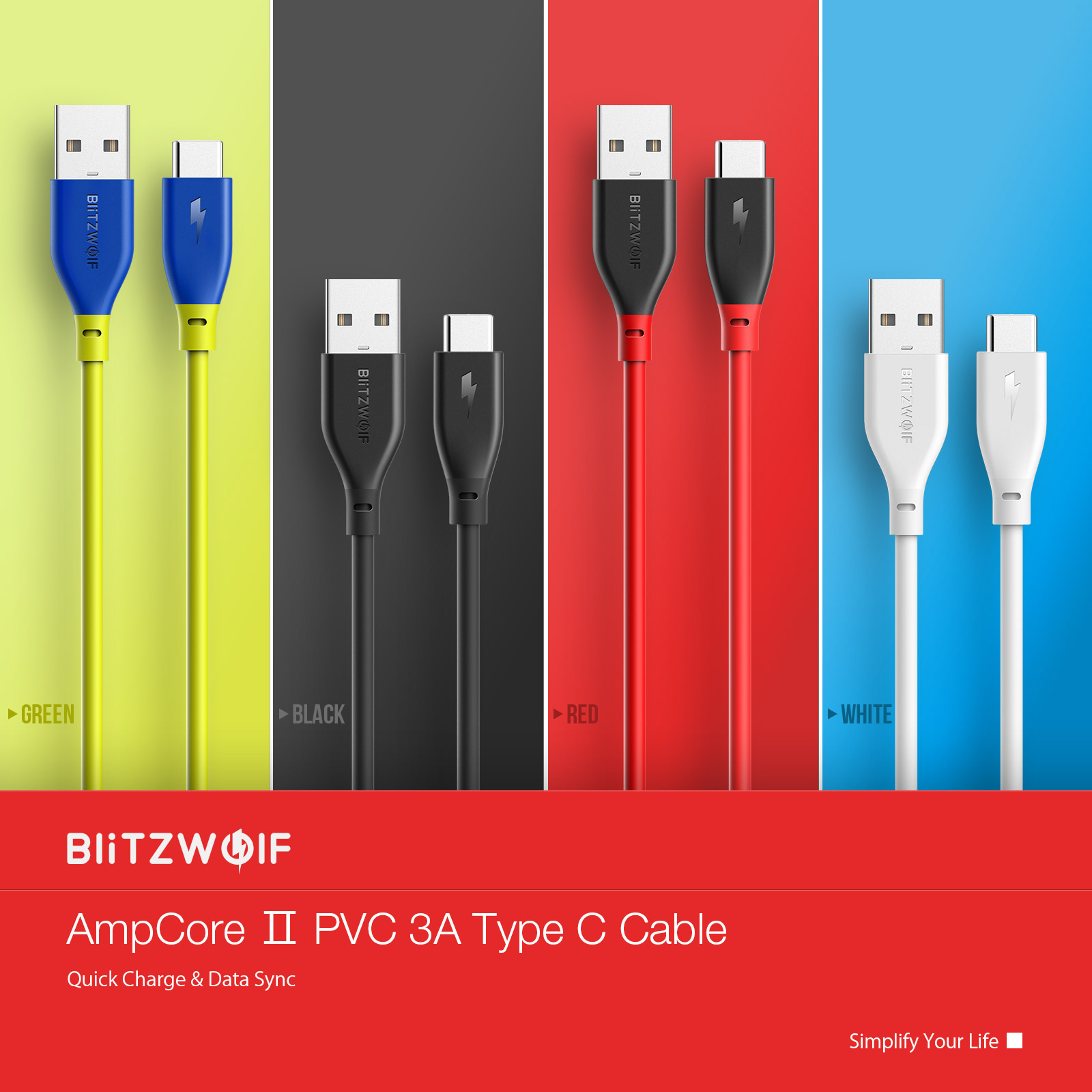 blitzwolf bw-tc12 ampcore ii type-c 3a 1m quick charge 3.0 sync and charge cable
