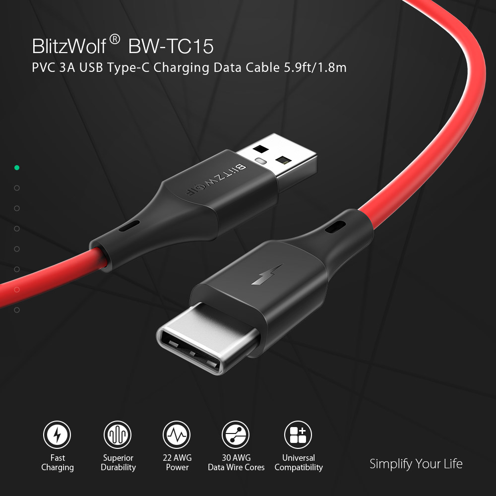 blitzwolf bw-tc15 type-c 3a 1.8m quick charge 3.0 sync and charge cable