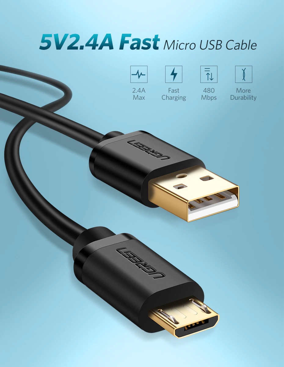 ugreen us125 24k gold plated micro usb 2.4a 2m quick charge 3.0 sync and fast charging flat cable