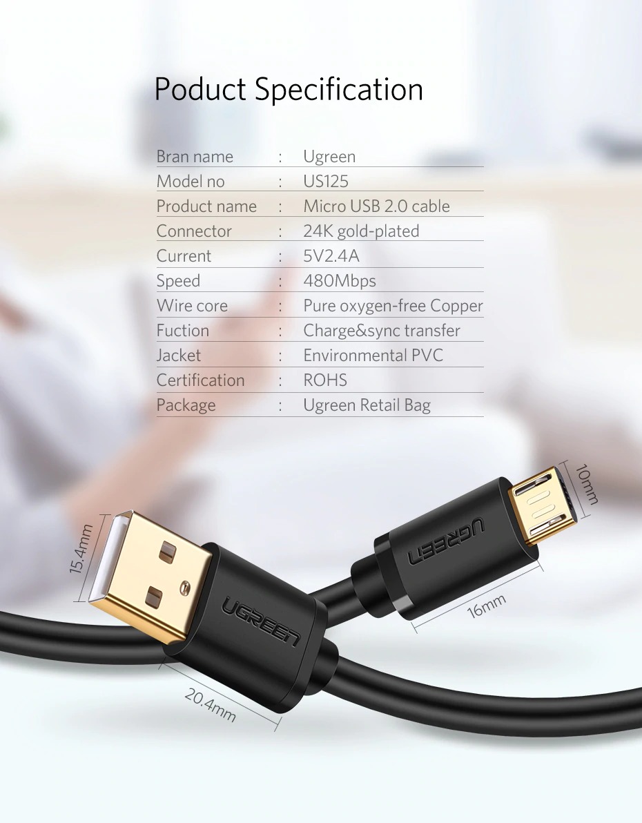 ugreen us125 24k gold plated micro usb 2.4a 3m quick charge 3.0 sync and fast charging round cable