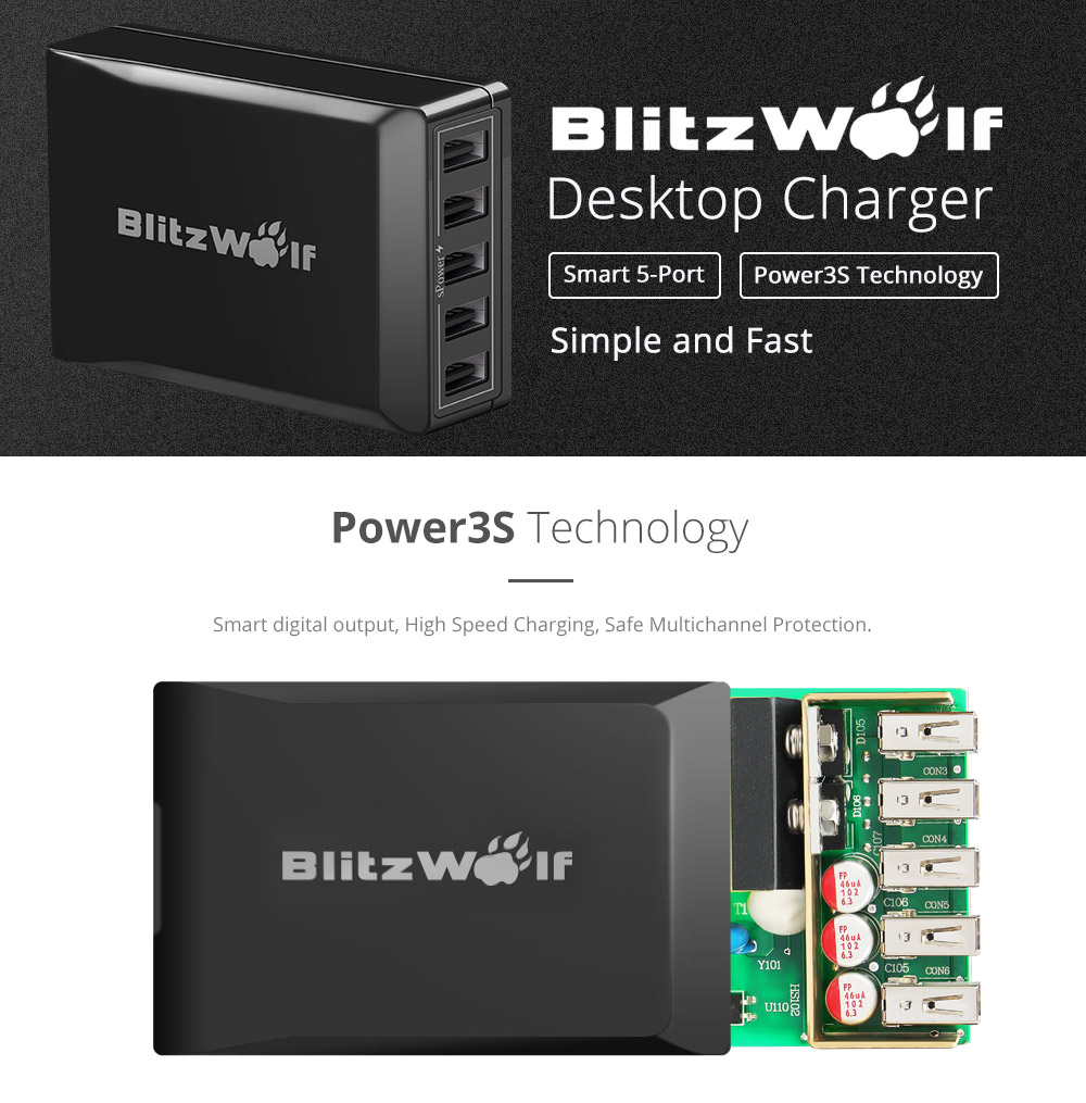 blitzwolf bw-s1 40w 5-ports smart desktop charger
