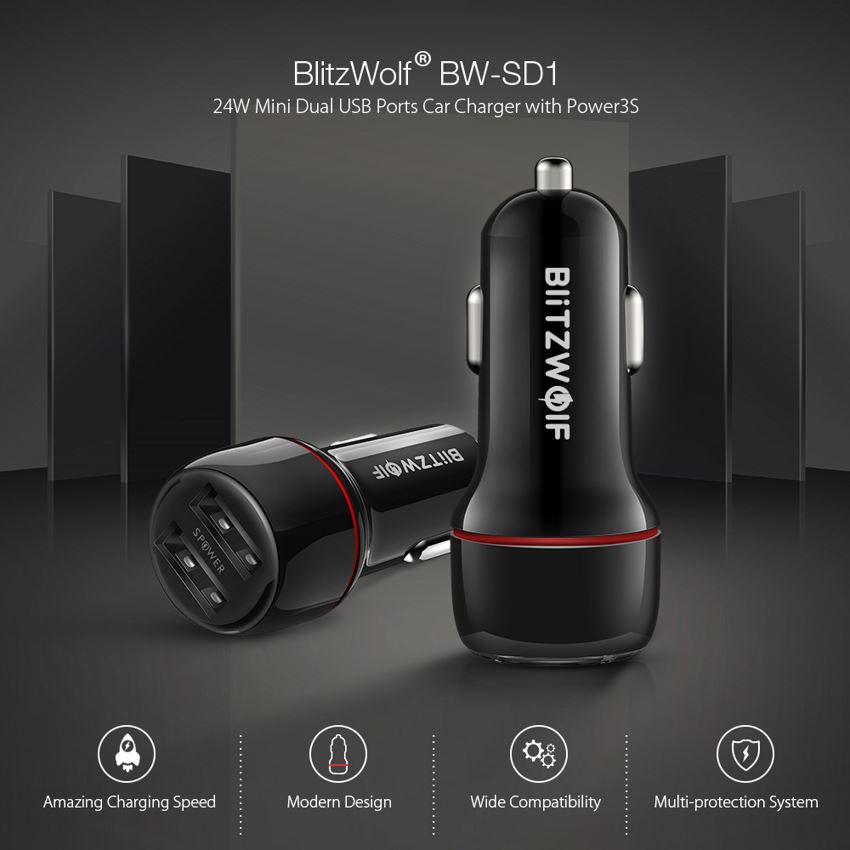 blitzwolf bw-sd1 24w dual port usb car charger with power3s tech