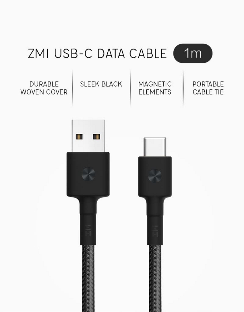 xiaomi zmi kevlar type-c 1m sync and fast charge braided cable with velcro tie strap and magnetic holders