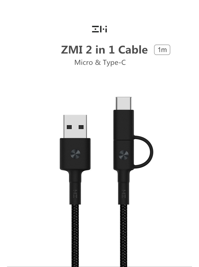 xiaomi zmi kevlar 2-in-1 micro usb and type-c 1m sync and fast charge braided cable with velcro tie strap and magnetic holders