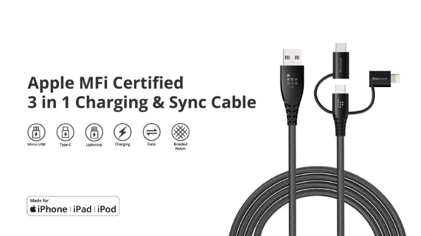 tronsmart lac10 3-in-1 mfi certified lightning micro usb and type-c 1.2m 3a fast charging and sync braided cable
