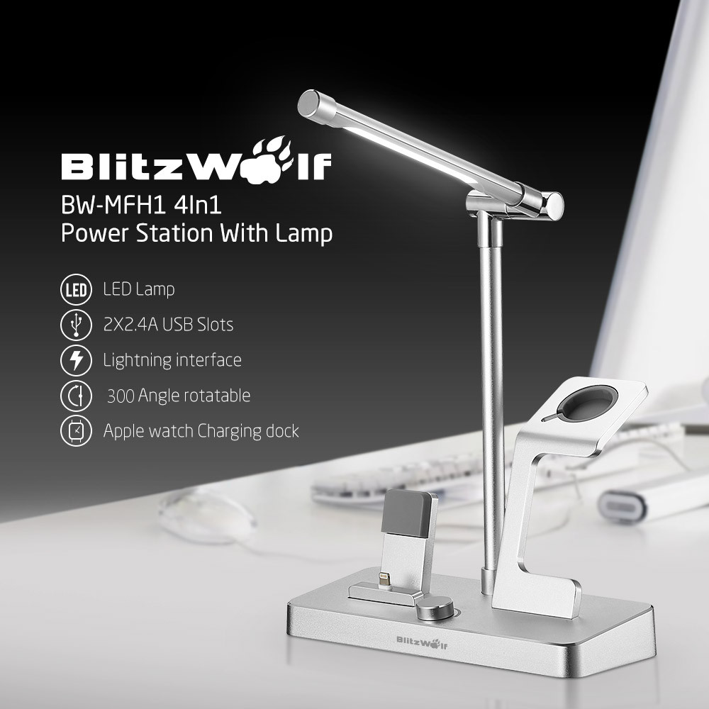 blitzwolf bw-mfh1 apple mfi certified 4-in-1 iphone iwatch power station plus with nitecore led lamp