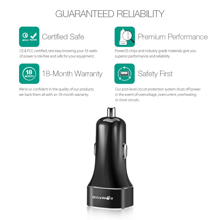 blitzwolf bw-c7 33w qualcomm certified quick charge qc 2.0 type-c and usb port car fast charger