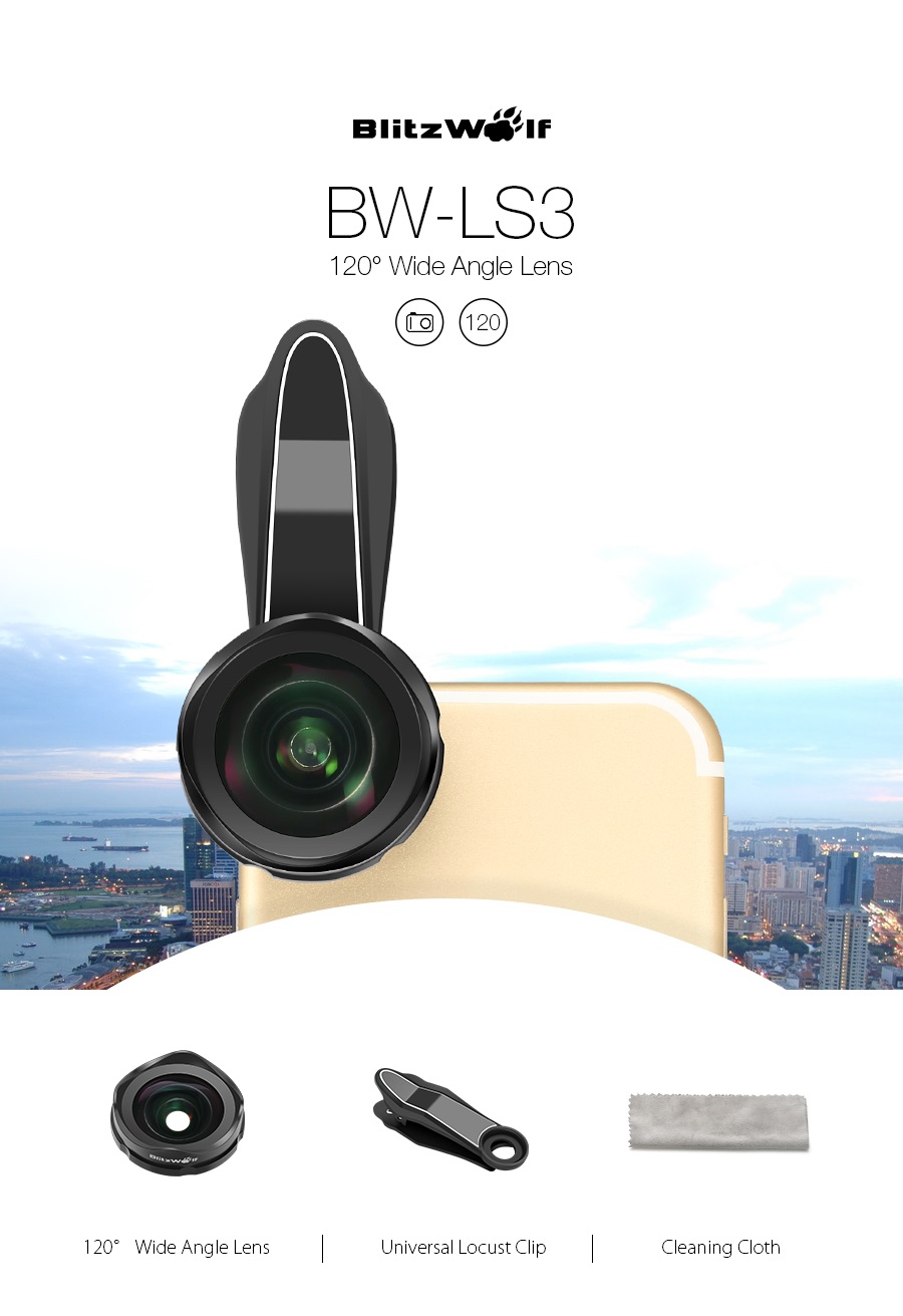 blitzwolf bw-ls3 120 degrees wide angle camera lens with universal locust clip