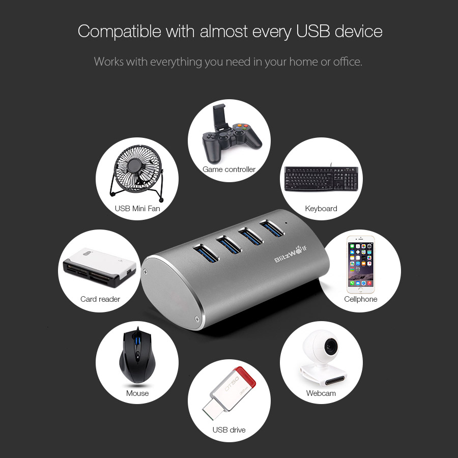 blitzwolf bw-h1 4-port usb 3.0 high speed portable aluminum alloy hub