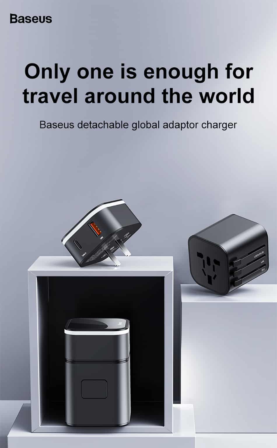 baseus 2-in-1 universal travel adapter with detachable pps quick wall charger