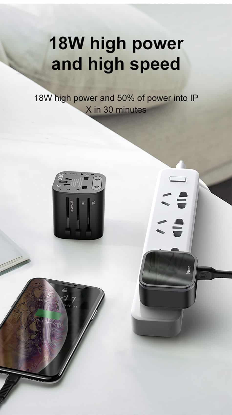 baseus 2-in-1 universal travel adapter with detachable pps quick wall charger