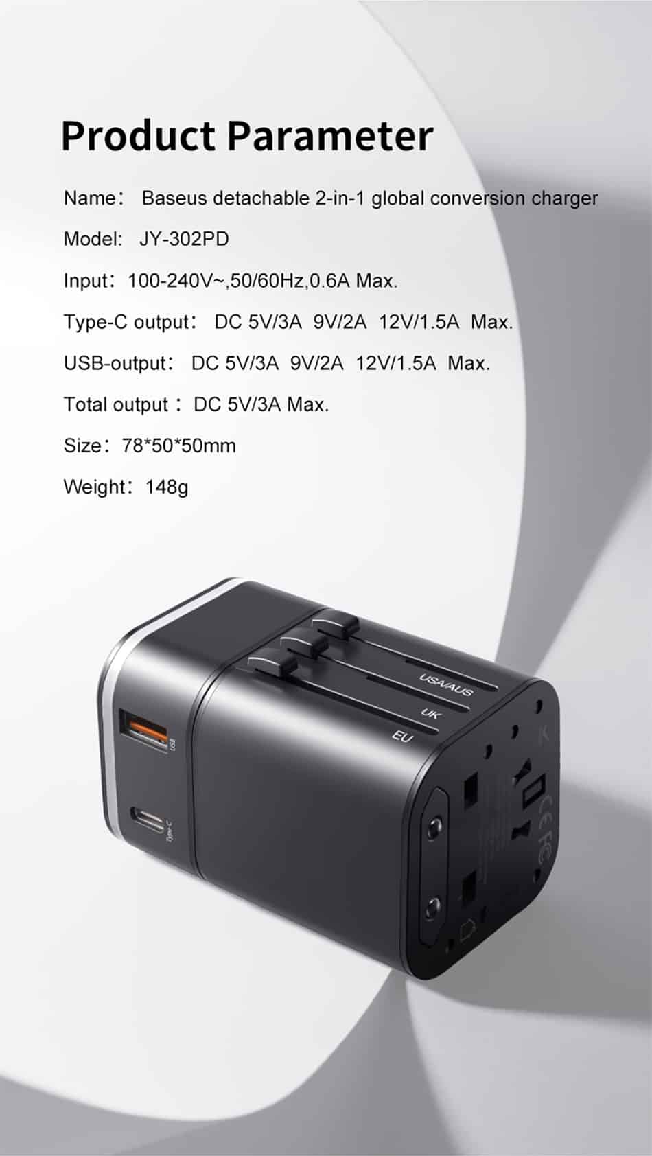 baseus 2-in-1 universal travel adapter with detachable pps quick wall charger