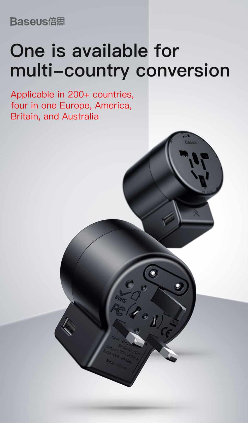 baseus 2-in-1 rotation type universal travel adapter with dual 2.4a usb fast charger