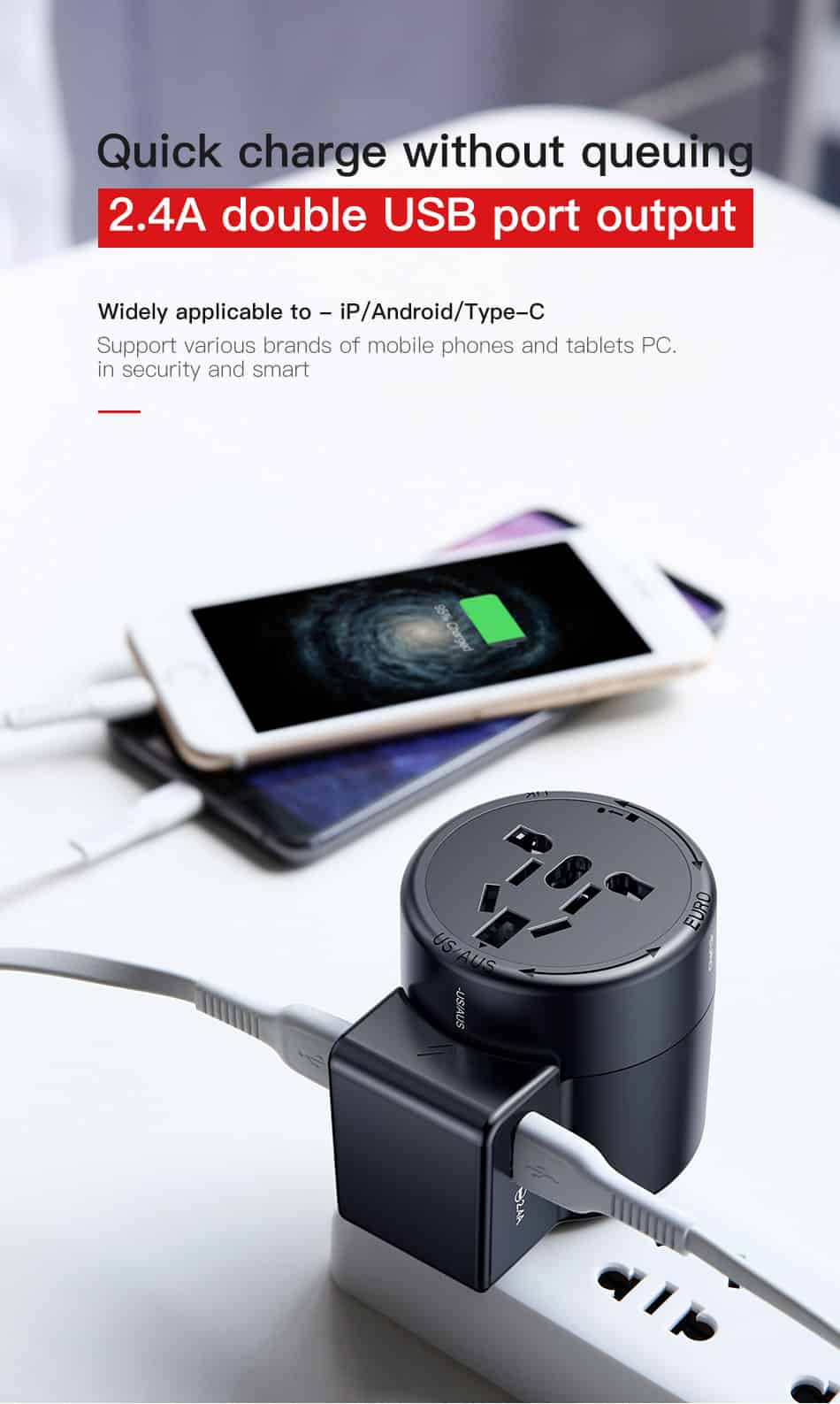 baseus 2-in-1 rotation type universal travel adapter with dual 2.4a usb fast charger