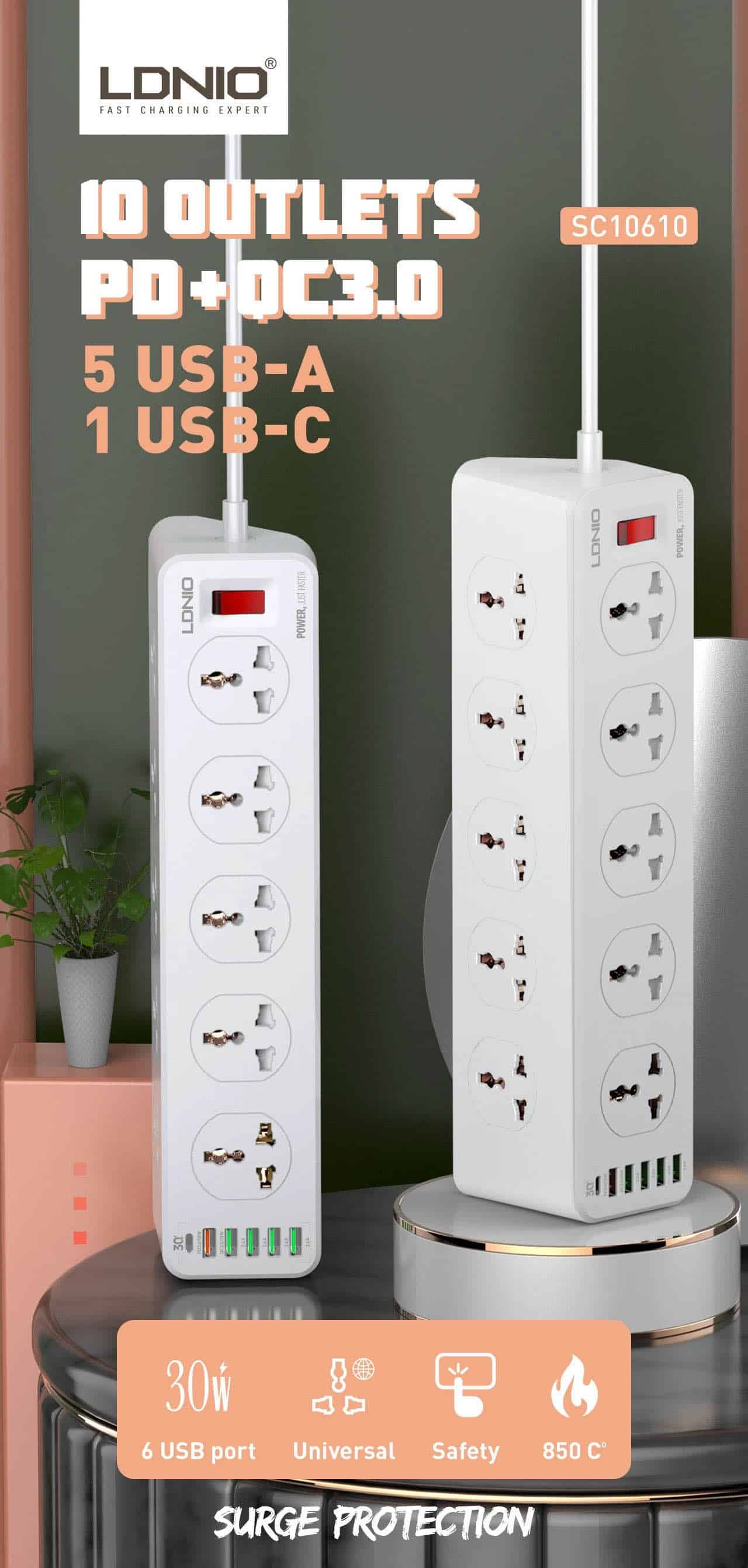 ldnio sc10610 10a 2500w surge protection power strip extension with 10x 100-250v power sockets 1x 18w type-c pd 1x 18w qc 3.0 4x 2.4a 12w auto-id usb ports