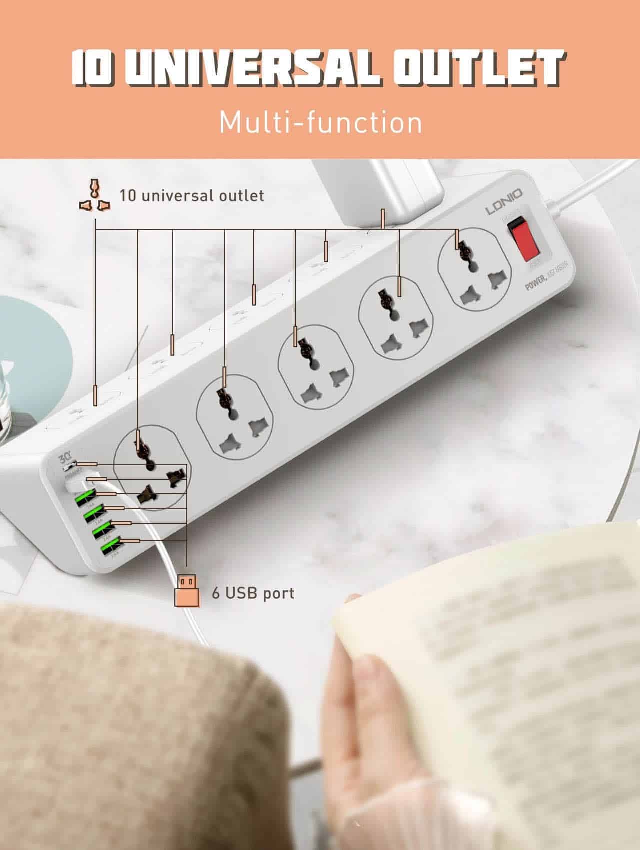 ldnio sc10610 10a 2500w surge protection power strip extension with 10x 100-250v power sockets 1x 18w type-c pd 1x 18w qc 3.0 4x 2.4a 12w auto-id usb ports