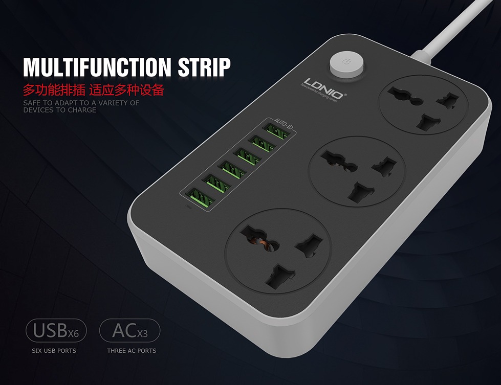ldnio sc3604 10a 2500w power strip extension with 3x multi 250v power sockets and 6x 3.4a 5v auto-id usb ports