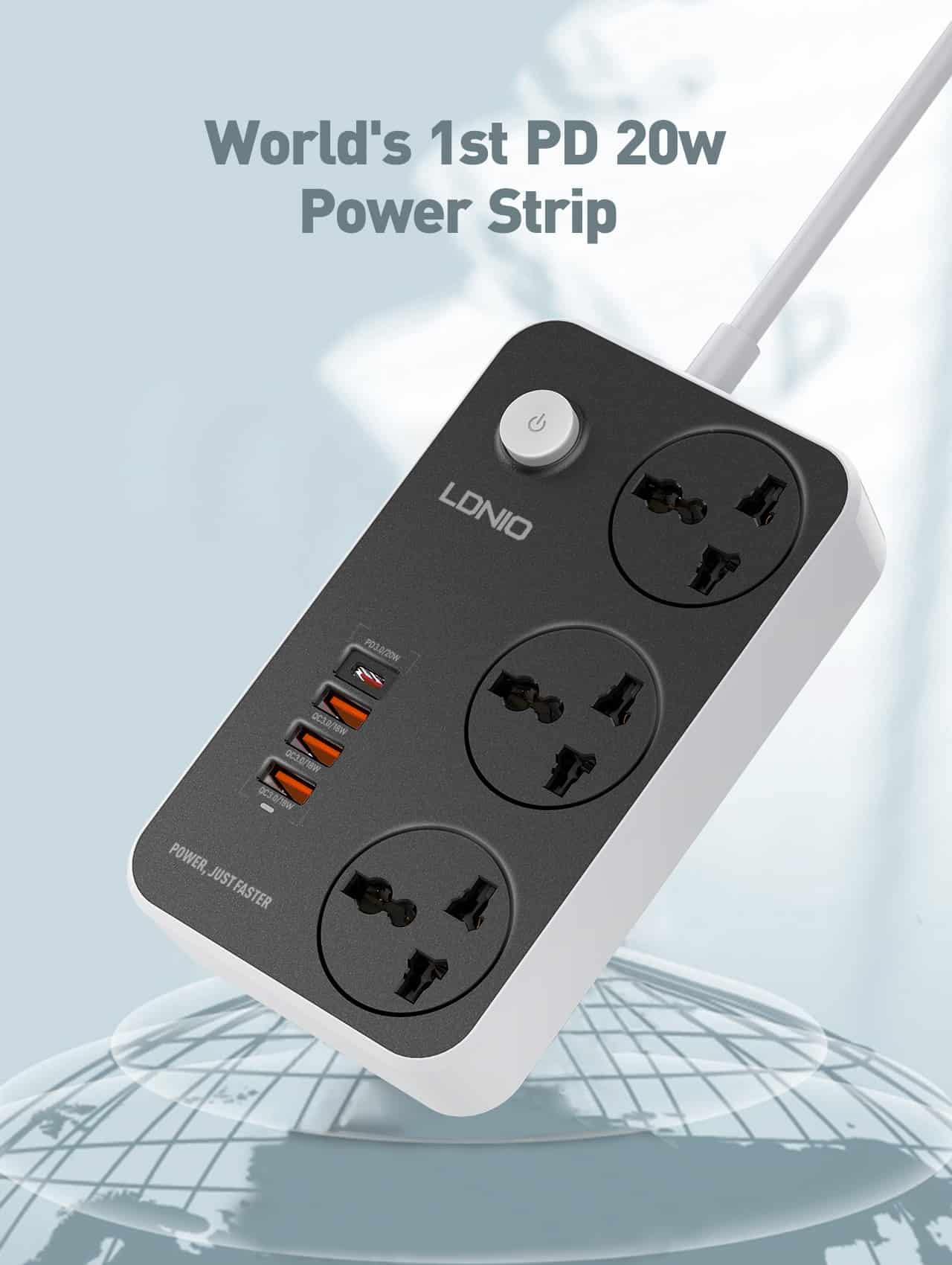 ldnio sc3412 10a 2500w power strip extension with 3x multi 250v power sockets 1x type-c pd 3.0 20w 3x qc 3.0 18w usb ports