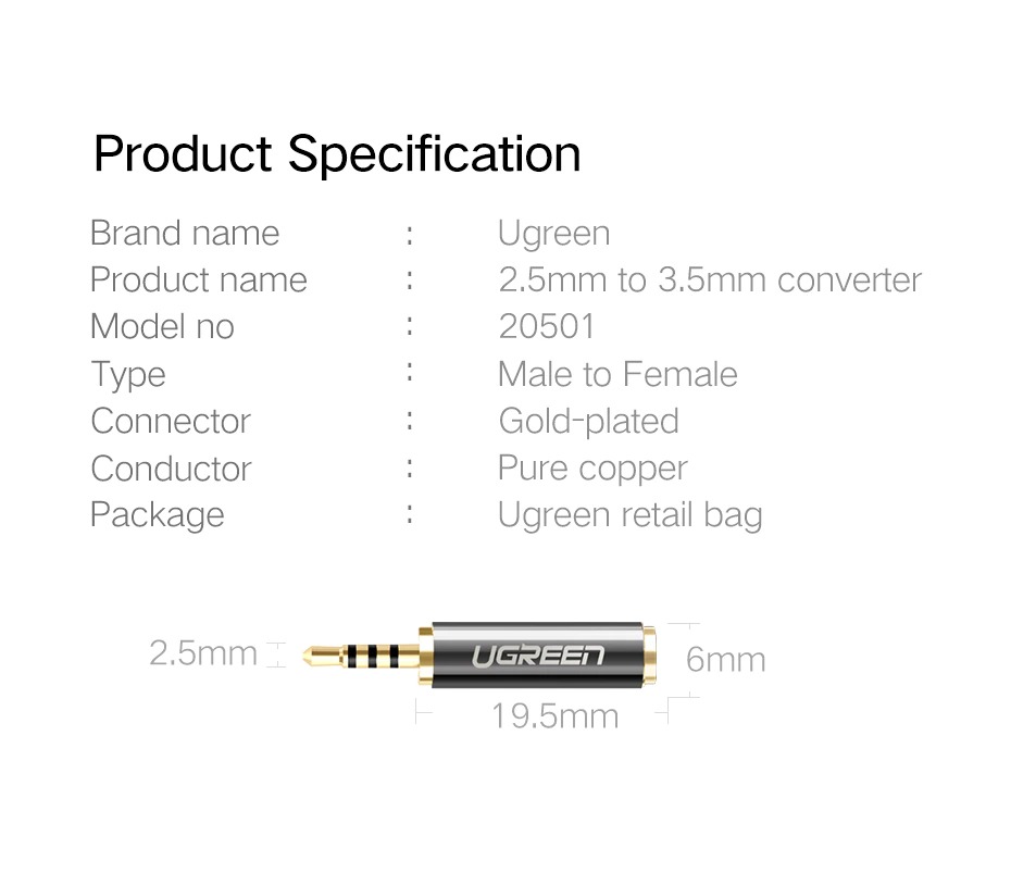 ugreen 2.5mm male to 3.5mm female audio aux gold plated adapter