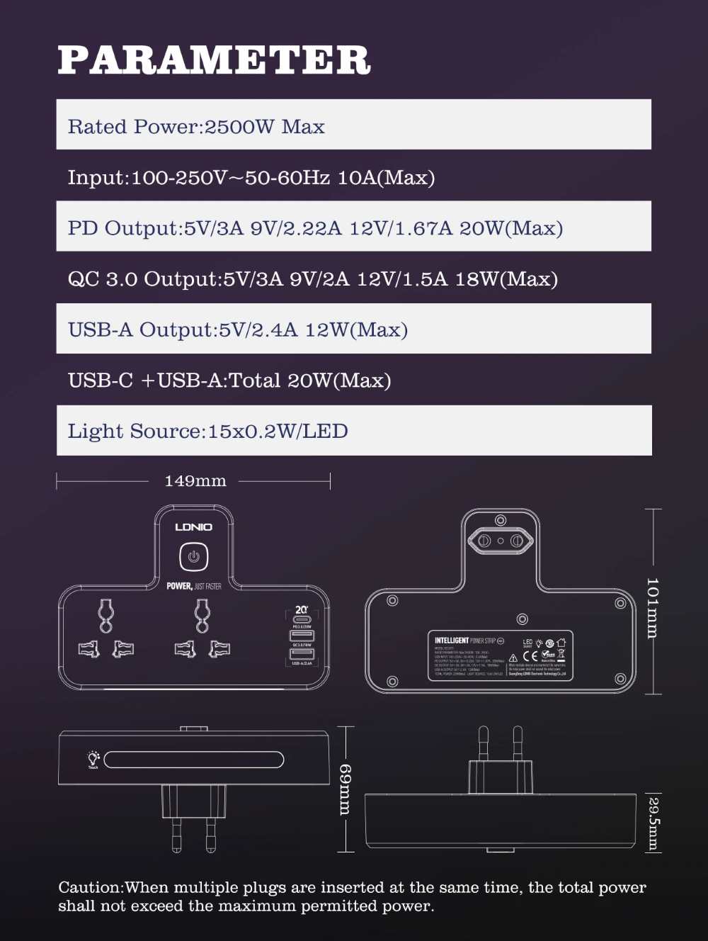 ldnio sc2311 10a 2500w multi plug and touch night lamp with 2x multi 250v power sockets 1x pd 20w 1x qc 3.0 18w 1x 2.4a 12w usb ports