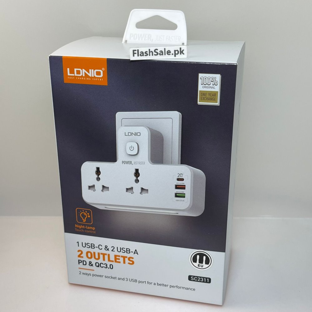 ldnio sc2311 10a 2500w multi plug and touch night lamp with 2x multi 250v power sockets 1x pd 20w 1x qc 3.0 18w 1x 2.4a 12w usb ports