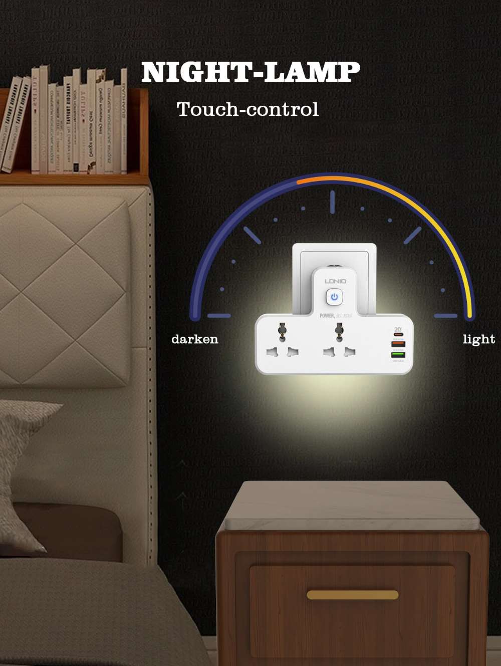 ldnio sc2311 10a 2500w multi plug and touch night lamp with 2x multi 250v power sockets 1x pd 20w 1x qc 3.0 18w 1x 2.4a 12w usb ports