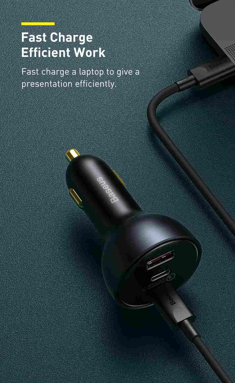 baseus 160w qualcomm certified qc 5.0 dual type-c and usb-a fast charging car charger with 1m 100w type-c to type-c cable