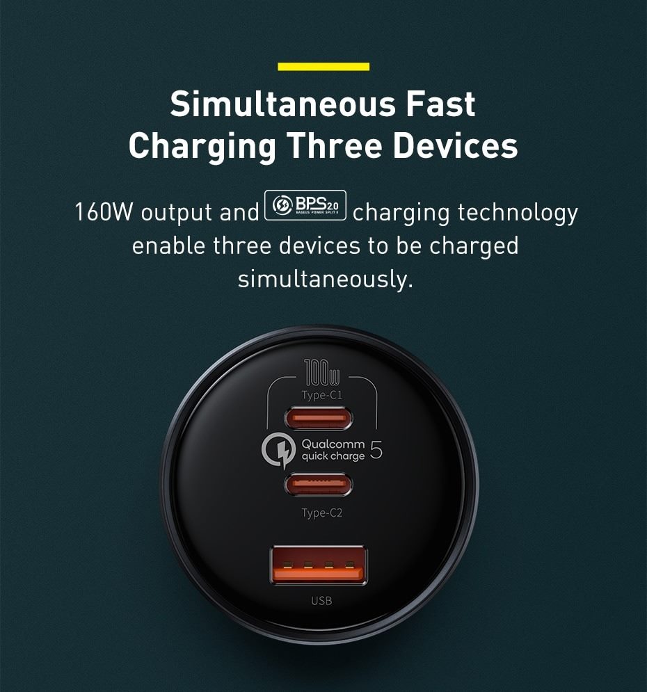 baseus 160w qualcomm certified qc 5.0 dual type-c and usb-a fast charging car charger with 1m 100w type-c to type-c cable