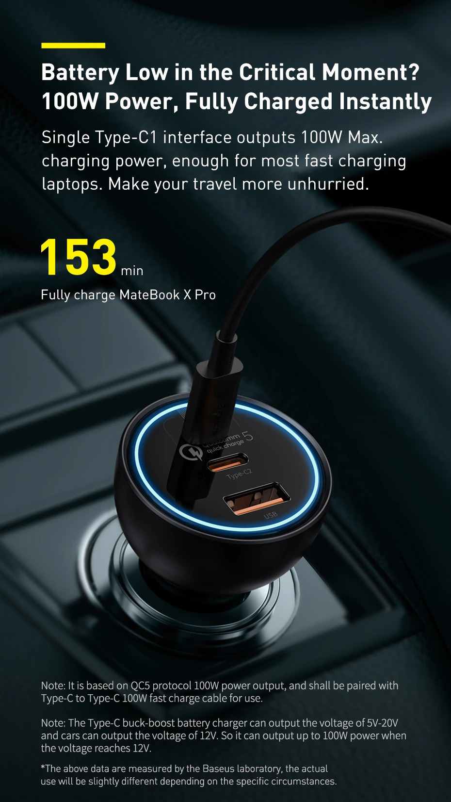 baseus 160w qualcomm certified qc 5.0 dual type-c and usb-a fast charging car charger with 1m 100w type-c to type-c cable