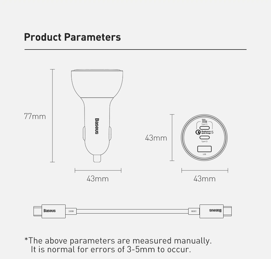 baseus 160w qualcomm certified qc 5.0 dual type-c and usb-a fast charging car charger with 1m 100w type-c to type-c cable