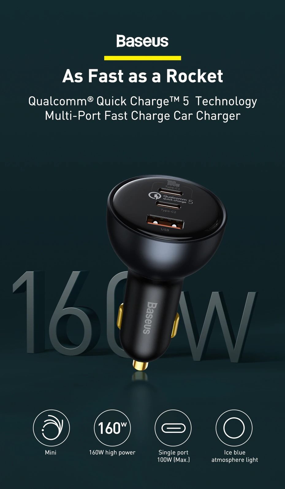 baseus 160w qualcomm certified qc 5.0 dual type-c and usb-a fast charging car charger with 1m 100w type-c to type-c cable