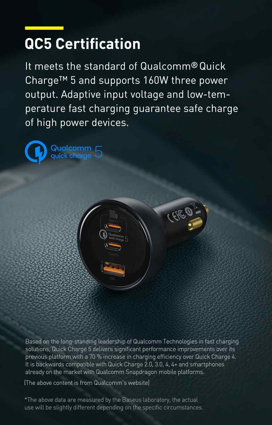baseus 160w qualcomm certified qc 5.0 dual type-c and usb-a fast charging car charger with 1m 100w type-c to type-c cable