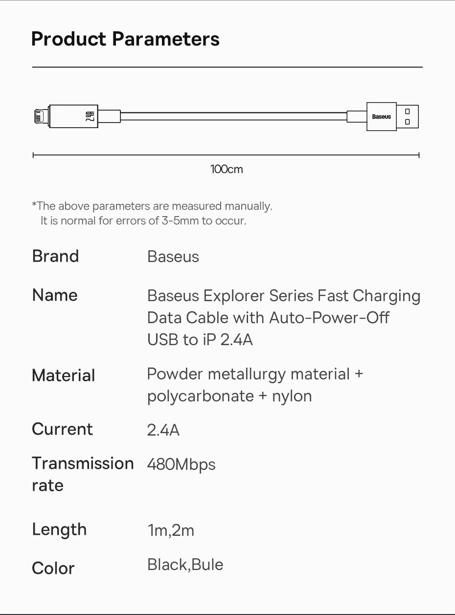 baseus explorer series auto power-off transparent shell usb-a to lightning 2.4a fast charging and data sync braided cable with cable strap