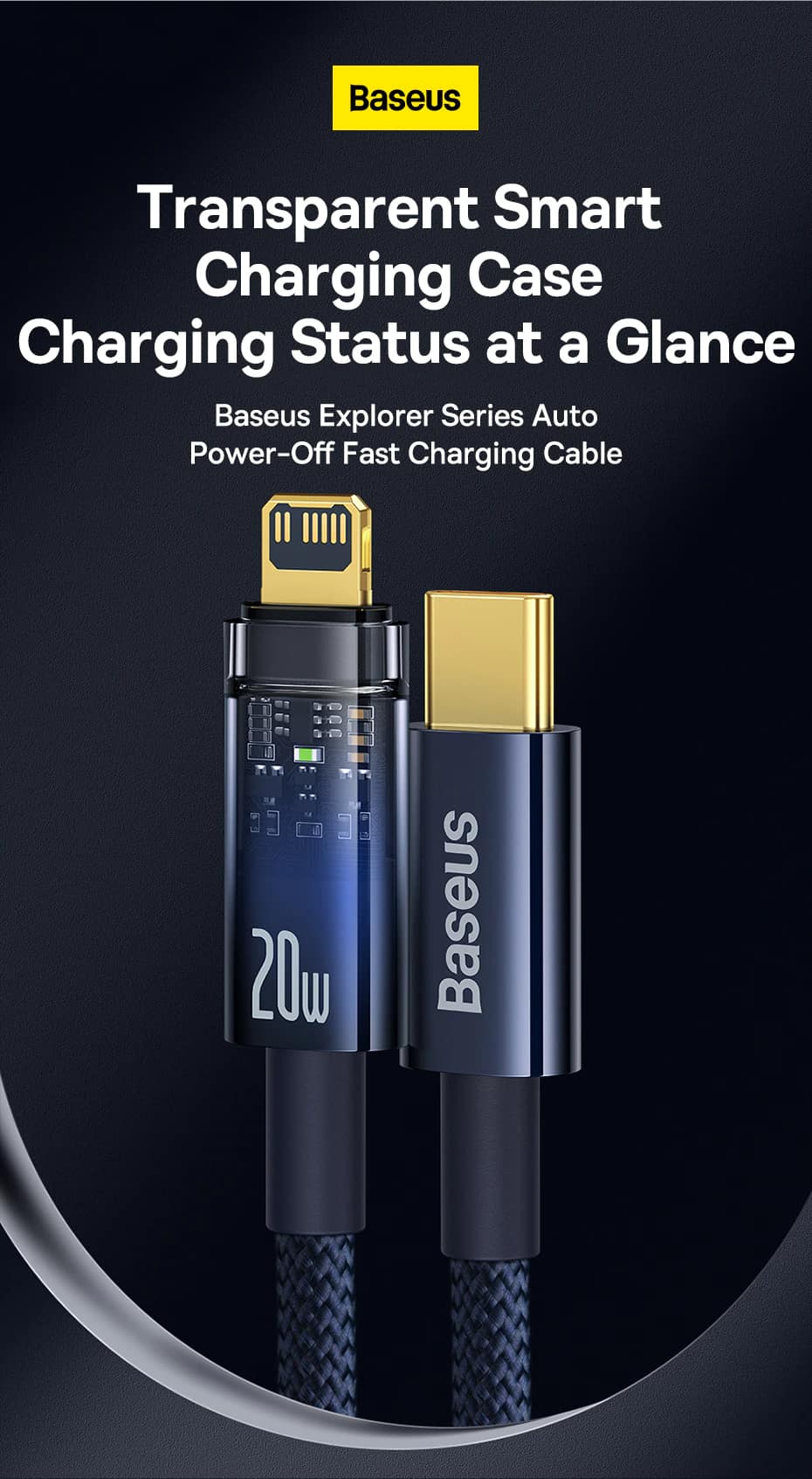 baseus explorer series auto power-off transparent shell type-c to lightning 20w fast charging and data sync braided cable with cable strap