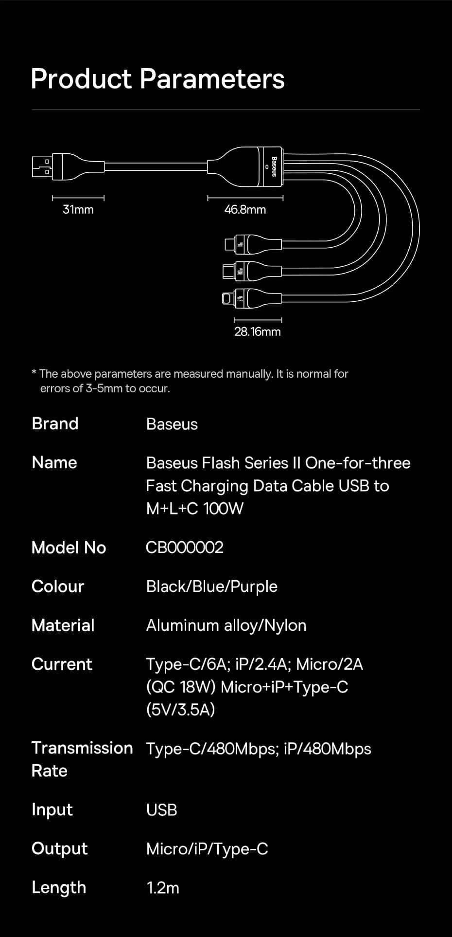 baseus flash series ii one-for-three 3-in-1 usb-a to microusb 18w + type-c 100w + lightning 2.4a 1.2m fast charging and data sync braided cable with cable strap