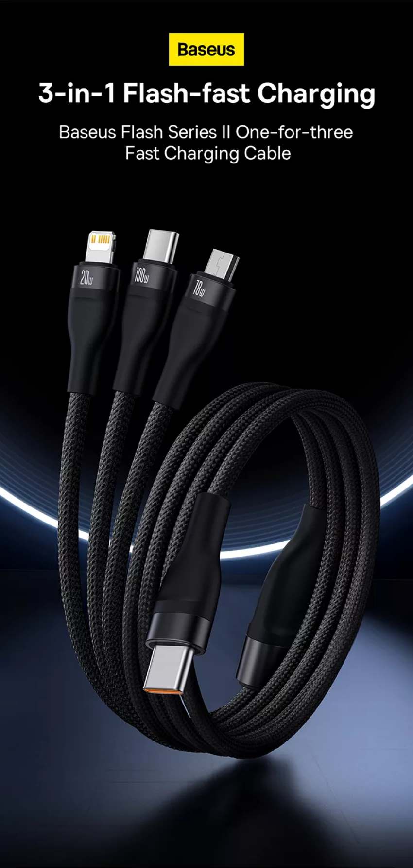 baseus flash series ii one-for-three 3-in-1 type-c to microusb 18w + type-c 100w + lightning 20w 1.5m fast charging braided cable with cable strap