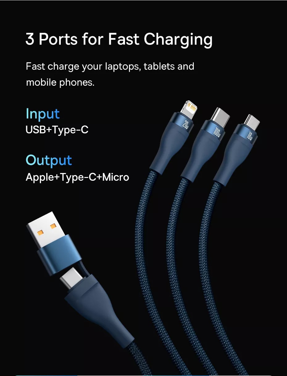 baseus flash series ii two-for-three 4-in-1 dual input usb-a and type-c to microusb 18w + type-c 100w + lightning 20w 1.2m fast charging braided cable with cable strap