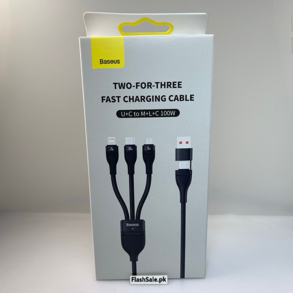 baseus flash series ii two-for-three 4-in-1 dual input usb-a and type-c to microusb 18w + type-c 100w + lightning 20w 1.2m fast charging braided cable with cable strap